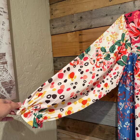 UMGEE Mixed Print Crochet Trim Dress Cream/Blue Floral Animal Print S Coquette - Picture 6 of 13